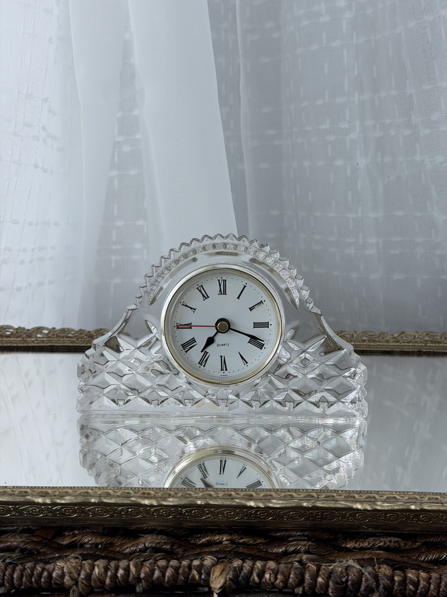 Vintage Glass Mantel Clock with Roman Numeral Face