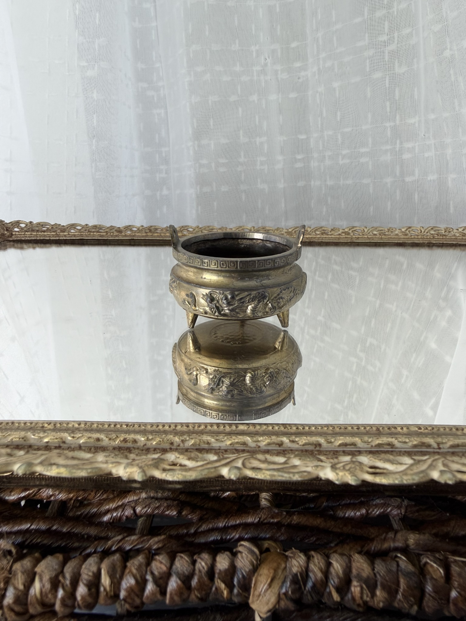 Vintage Brass Plated Tripod Incense Burner with Dragon Relief