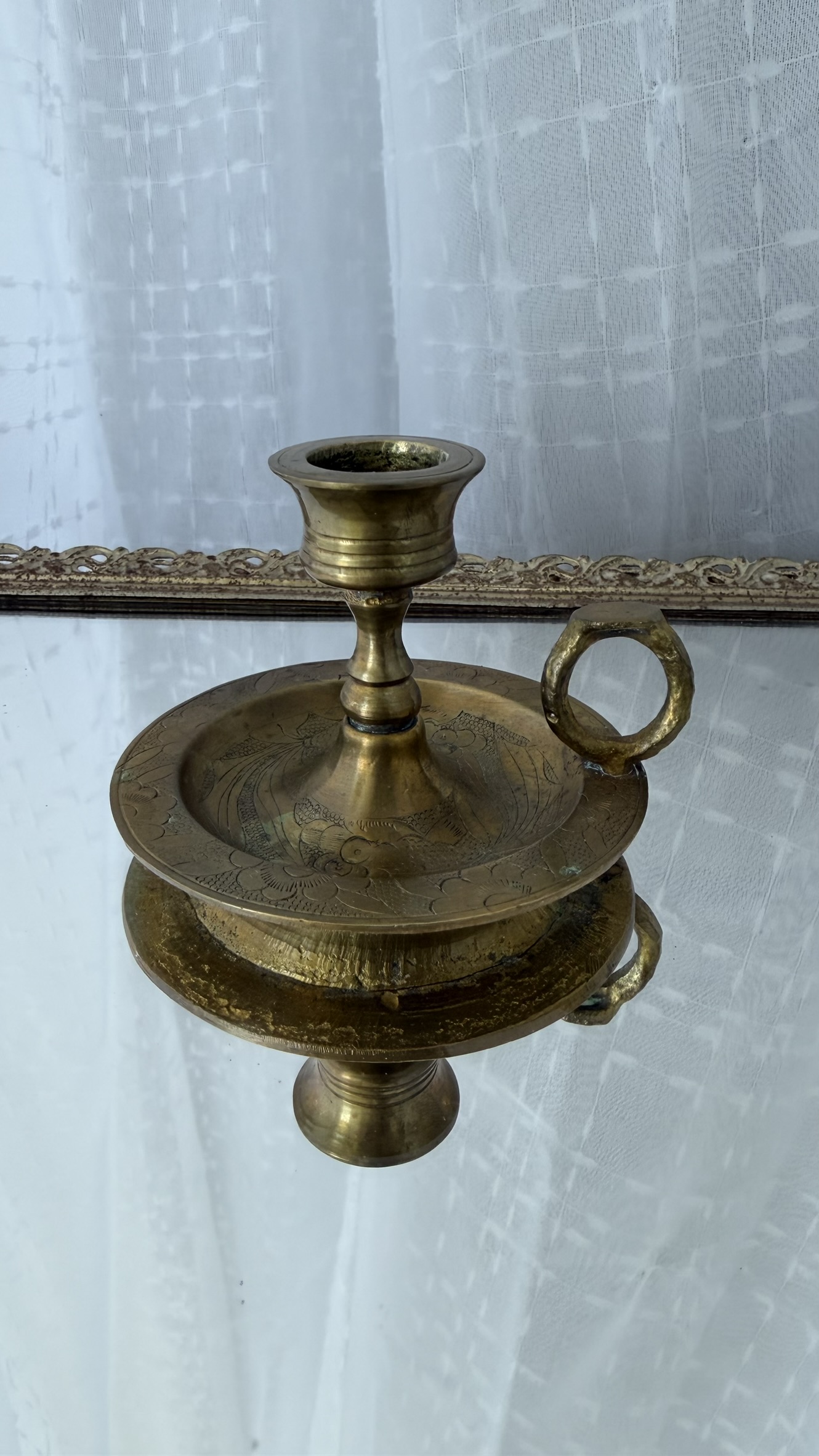 Vintage Brass Chamberstick Candle Holder with Engraved Floral Tray