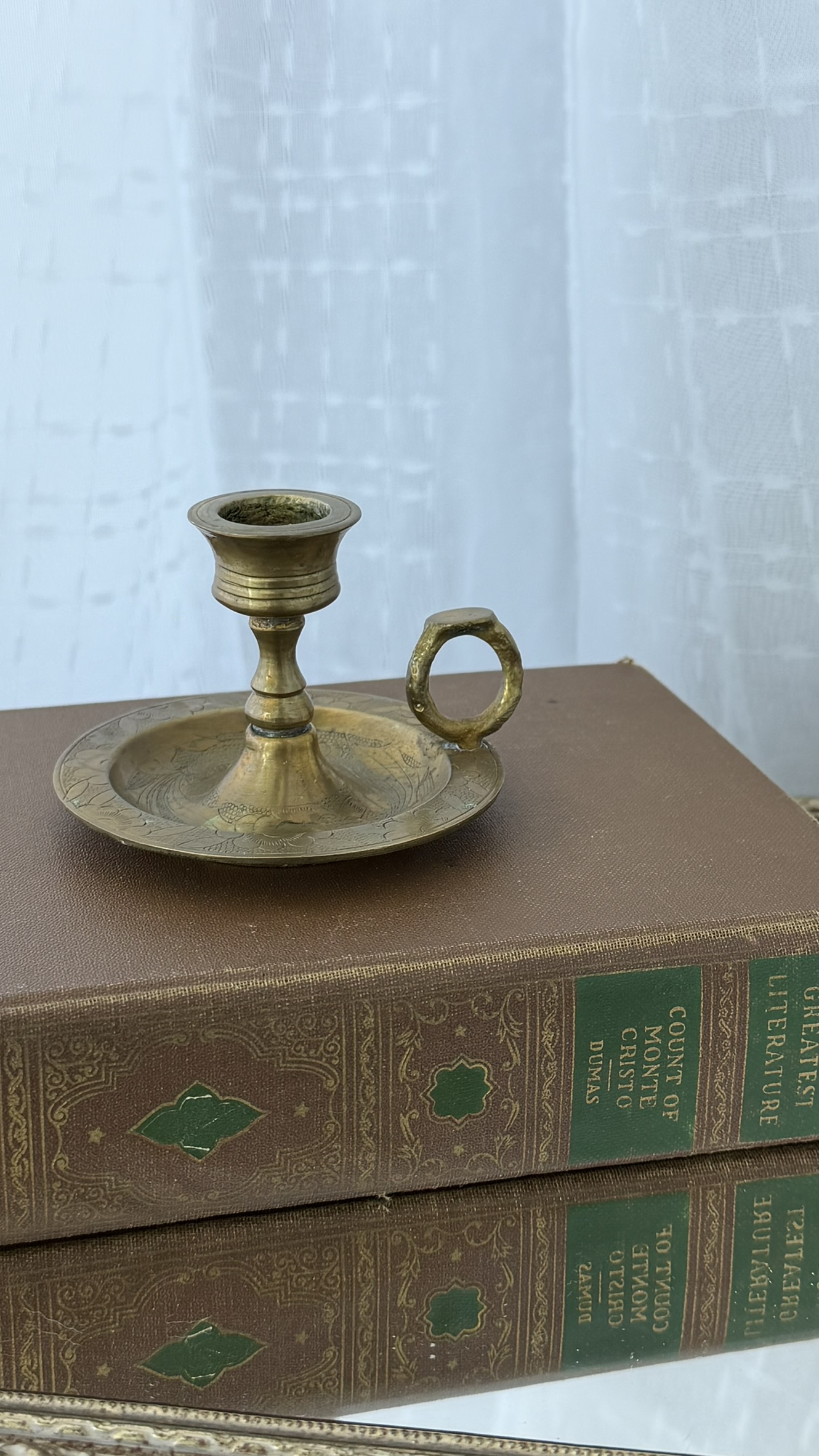 Vintage Brass Chamberstick Candle Holder with Engraved Floral Tray